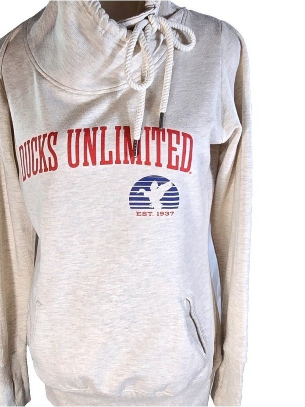 Cream Graphic Pullover Sweater with Drawstring Collar